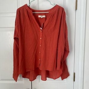 LOFT Red V-Neck Long Sleeve Blouse